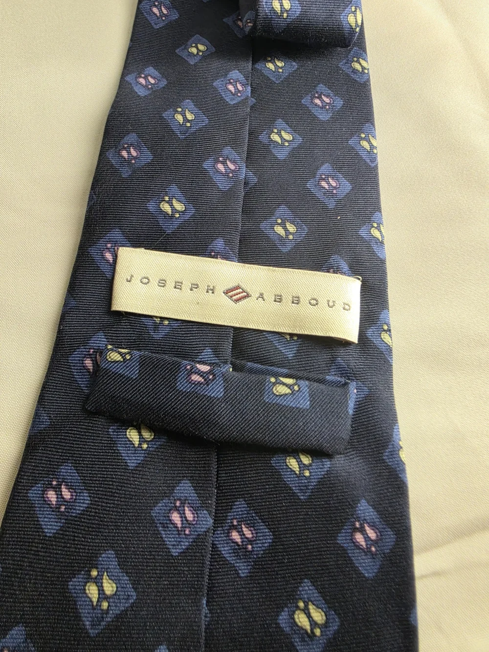 Joseph Abboud Navy Silk Tie with Blue, Pink and Yellow Motif
